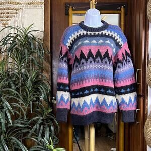 Vintage 80s Hand Knit Fair Isle Sweater Womens L Multicolor Nordic Geometric Ski